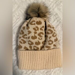 SOLD!! Leopard Print Knit Beanie with Pom Pom
